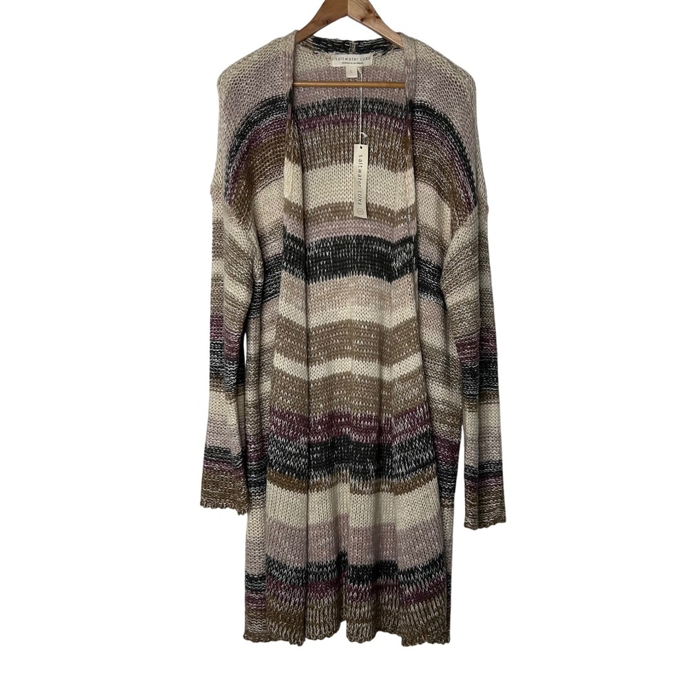 Saltwater‎ Luxe NWT Cardigan Sweater Size L Women's Long Striped Open Front